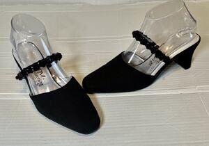 PM Collection 925 Womens 8M Black Fabric Mule Heels Embellished Strap